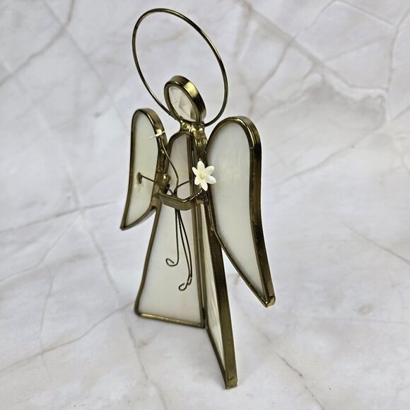 Vintage Stained Glass Angel White With Gold Holding Three Flowers Slag Glass - Picture 4 of 10